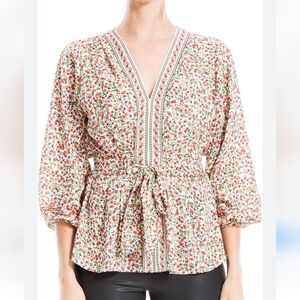 Max Studio Floral V-Neck Blouse - Red, Green, White